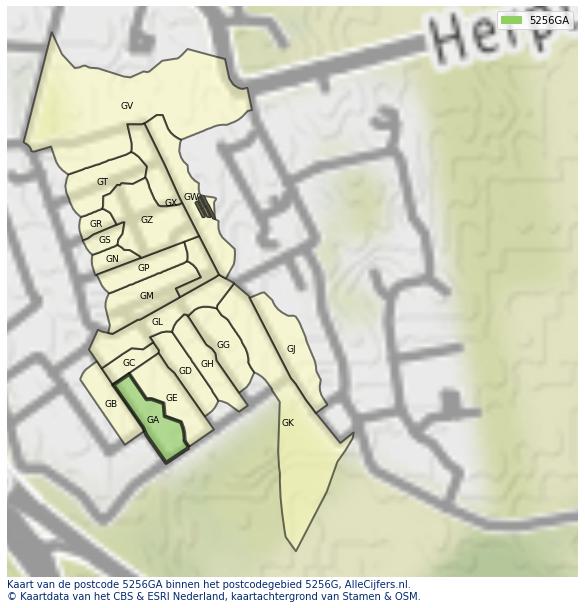 Afbeelding van het postcodegebied 5256 GA op de kaart.