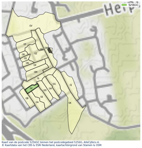 Afbeelding van het postcodegebied 5256 GC op de kaart.