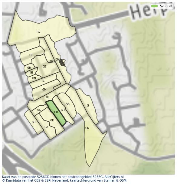 Afbeelding van het postcodegebied 5256 GD op de kaart.