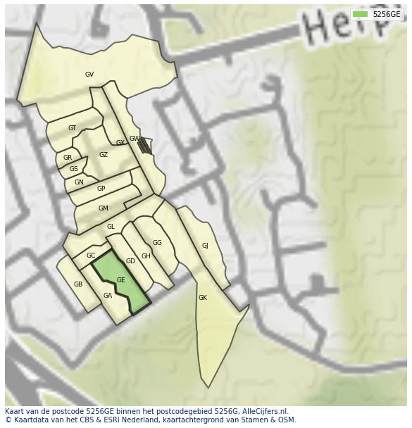 Afbeelding van het postcodegebied 5256 GE op de kaart.