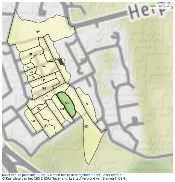 Afbeelding van het postcodegebied 5256 GG op de kaart.