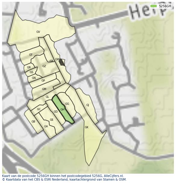 Afbeelding van het postcodegebied 5256 GH op de kaart.