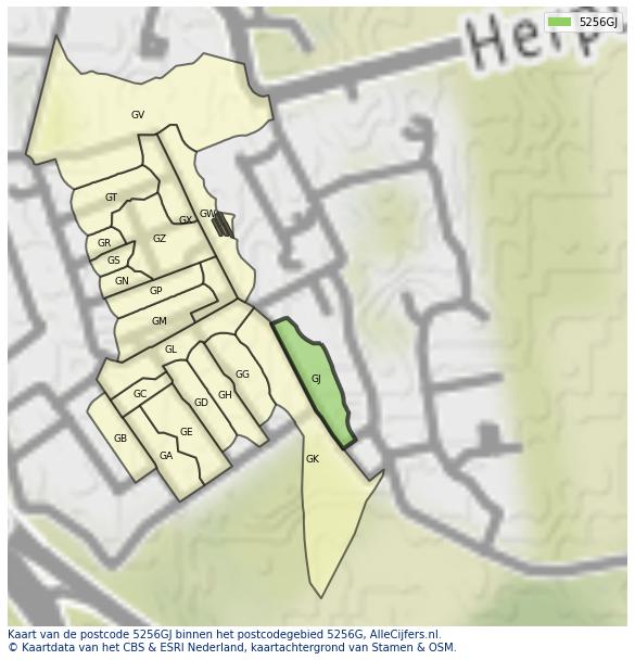 Afbeelding van het postcodegebied 5256 GJ op de kaart.