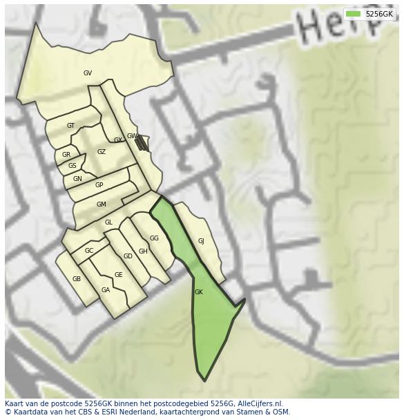 Afbeelding van het postcodegebied 5256 GK op de kaart.