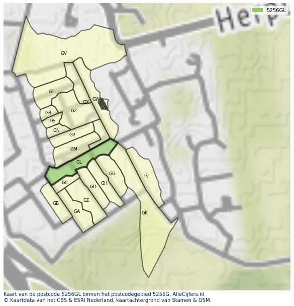 Afbeelding van het postcodegebied 5256 GL op de kaart.