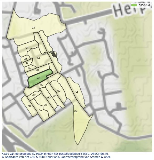 Afbeelding van het postcodegebied 5256 GM op de kaart.