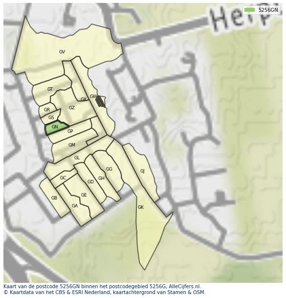 Afbeelding van het postcodegebied 5256 GN op de kaart.