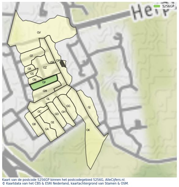 Afbeelding van het postcodegebied 5256 GP op de kaart.