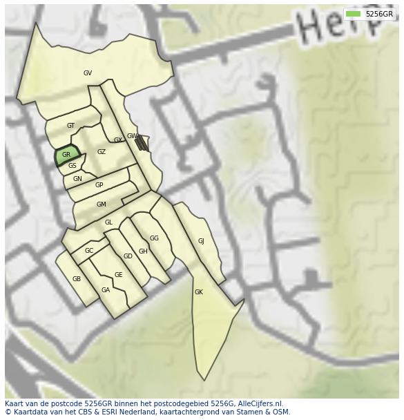 Afbeelding van het postcodegebied 5256 GR op de kaart.