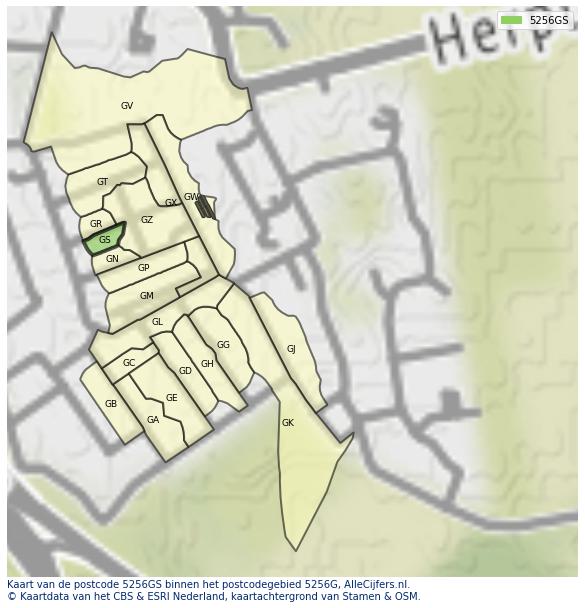 Afbeelding van het postcodegebied 5256 GS op de kaart.