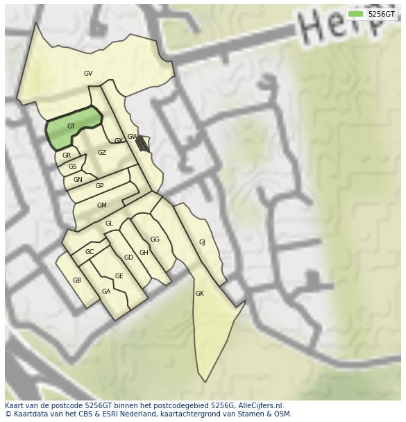 Afbeelding van het postcodegebied 5256 GT op de kaart.