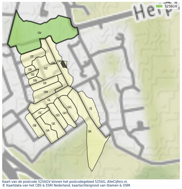 Afbeelding van het postcodegebied 5256 GV op de kaart.