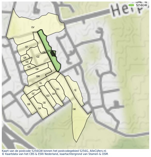 Afbeelding van het postcodegebied 5256 GW op de kaart.