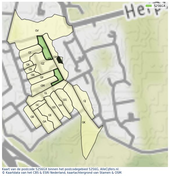 Afbeelding van het postcodegebied 5256 GX op de kaart.