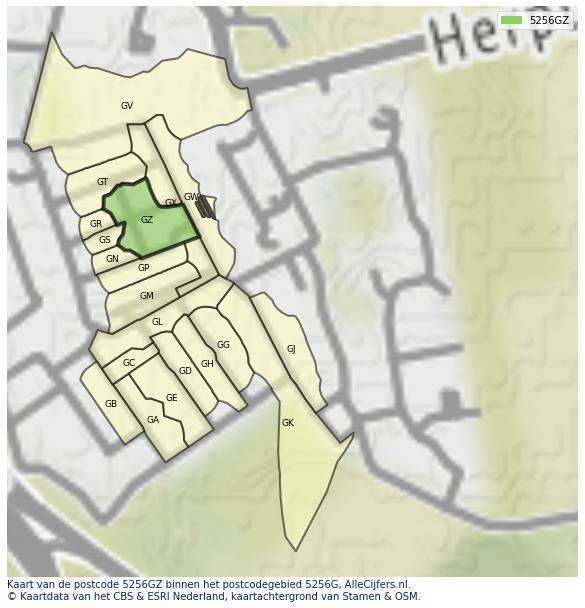 Afbeelding van het postcodegebied 5256 GZ op de kaart.