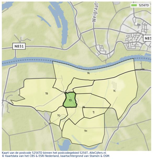 Afbeelding van het postcodegebied 5256 TD op de kaart.