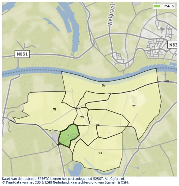 Afbeelding van het postcodegebied 5256 TG op de kaart.