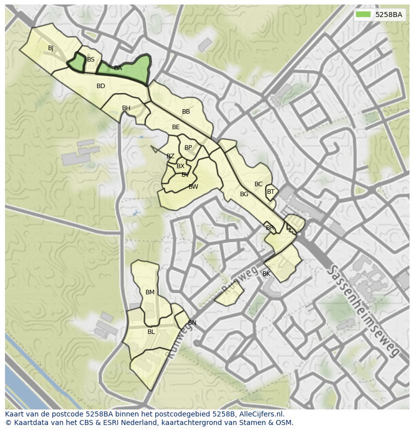 Afbeelding van het postcodegebied 5258 BA op de kaart.