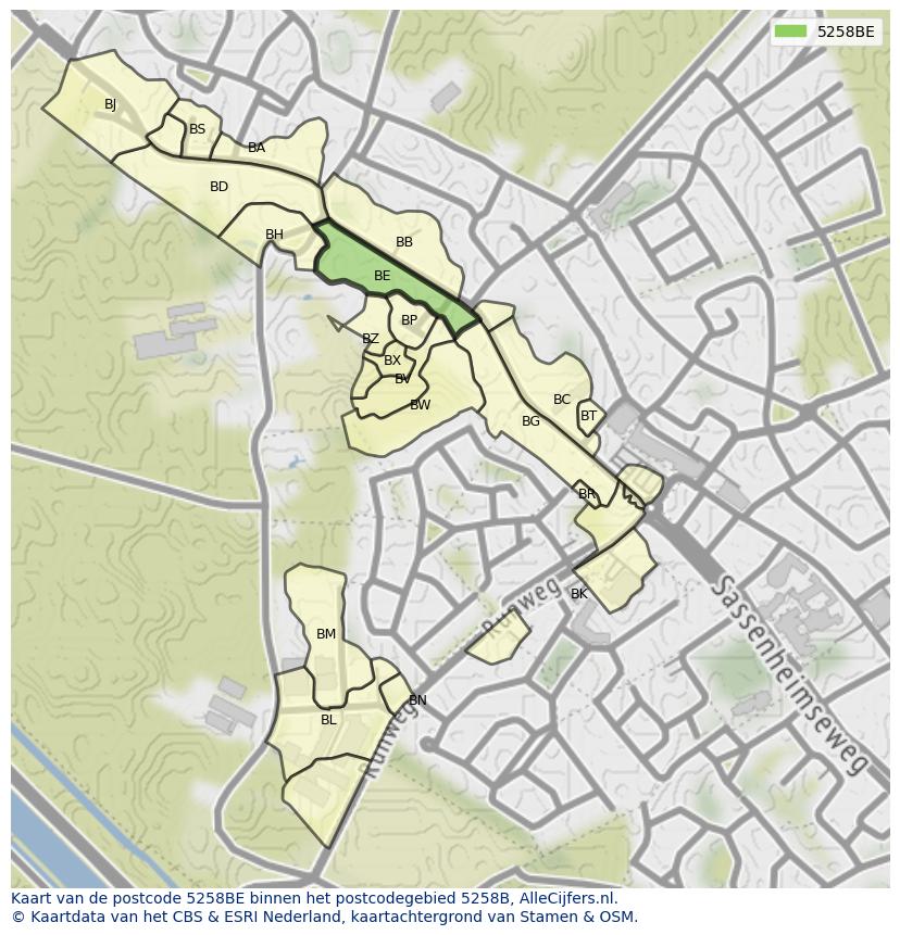 Afbeelding van het postcodegebied 5258 BE op de kaart.