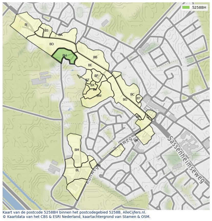 Afbeelding van het postcodegebied 5258 BH op de kaart.