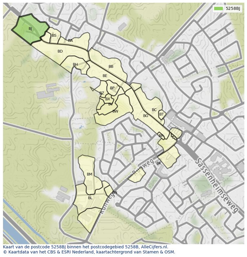 Afbeelding van het postcodegebied 5258 BJ op de kaart.