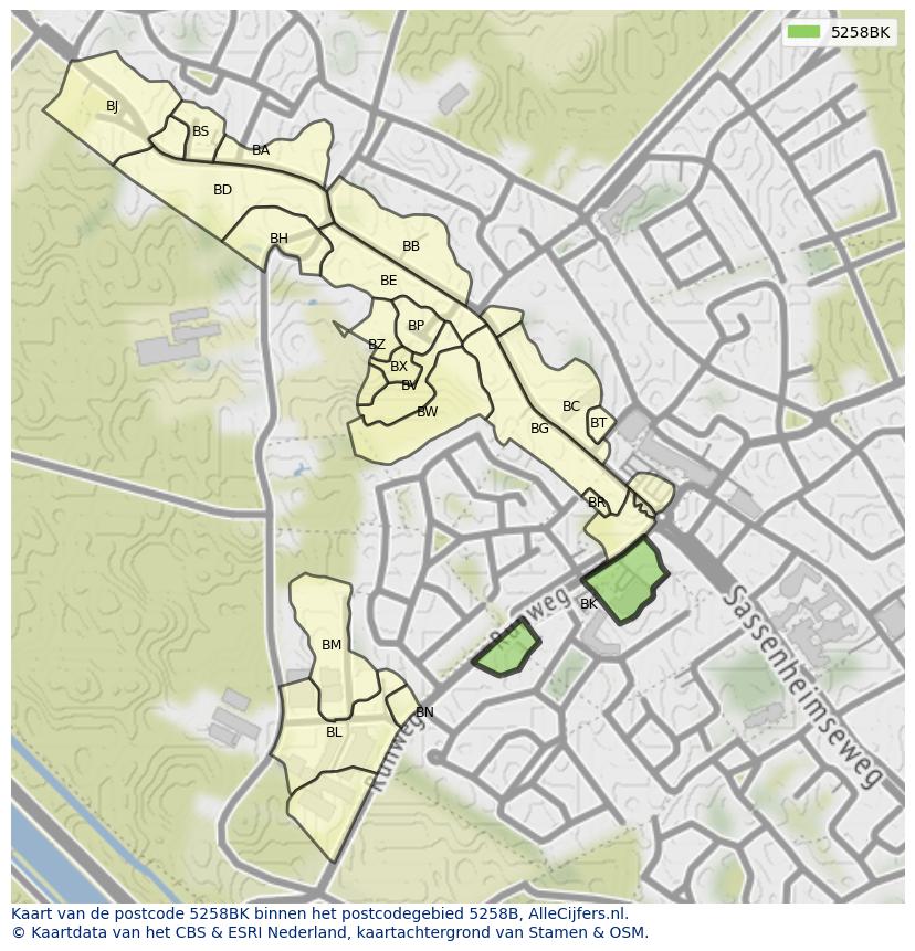 Afbeelding van het postcodegebied 5258 BK op de kaart.