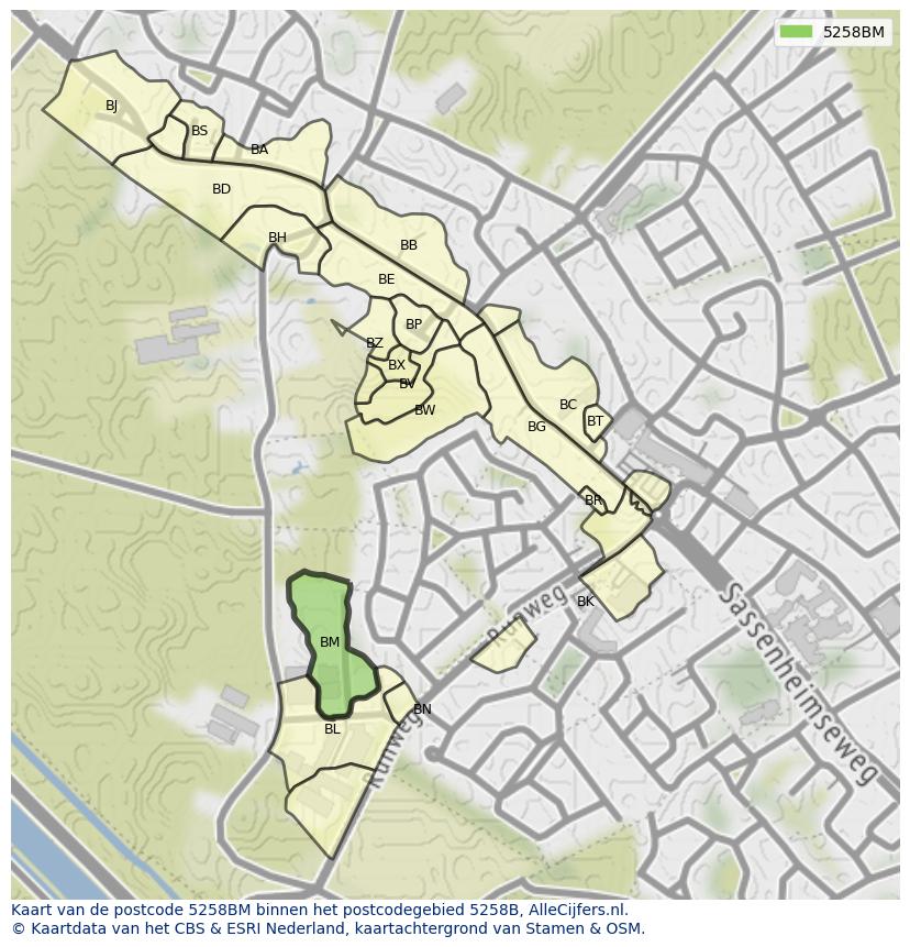 Afbeelding van het postcodegebied 5258 BM op de kaart.