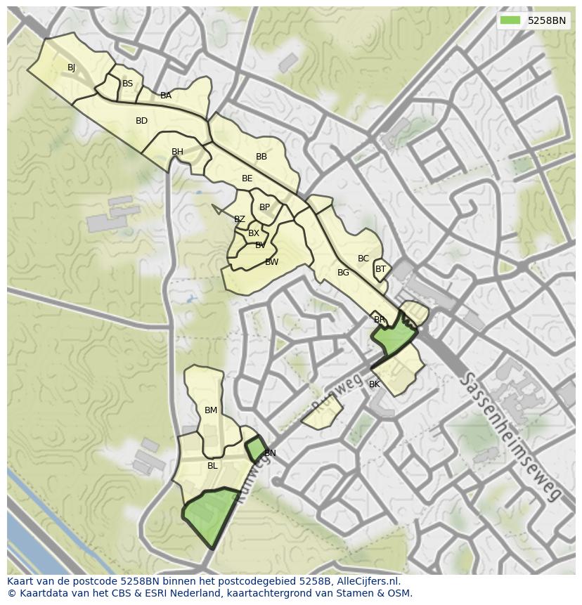 Afbeelding van het postcodegebied 5258 BN op de kaart.