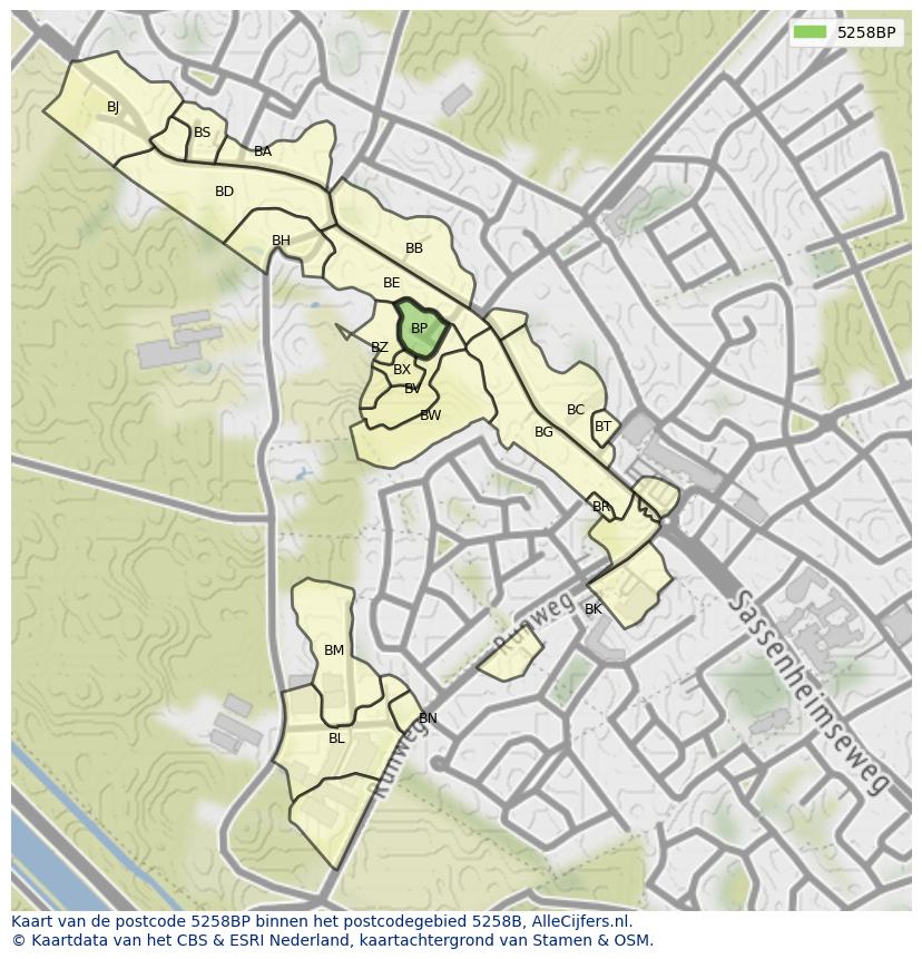 Afbeelding van het postcodegebied 5258 BP op de kaart.