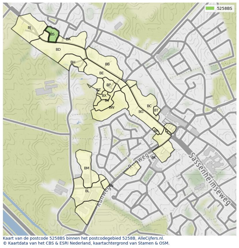 Afbeelding van het postcodegebied 5258 BS op de kaart.