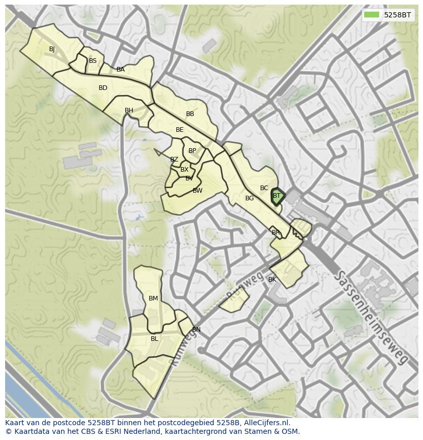 Afbeelding van het postcodegebied 5258 BT op de kaart.