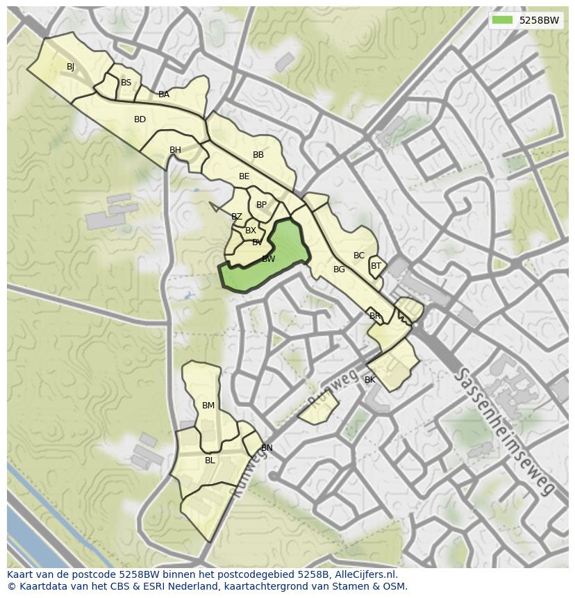 Afbeelding van het postcodegebied 5258 BW op de kaart.