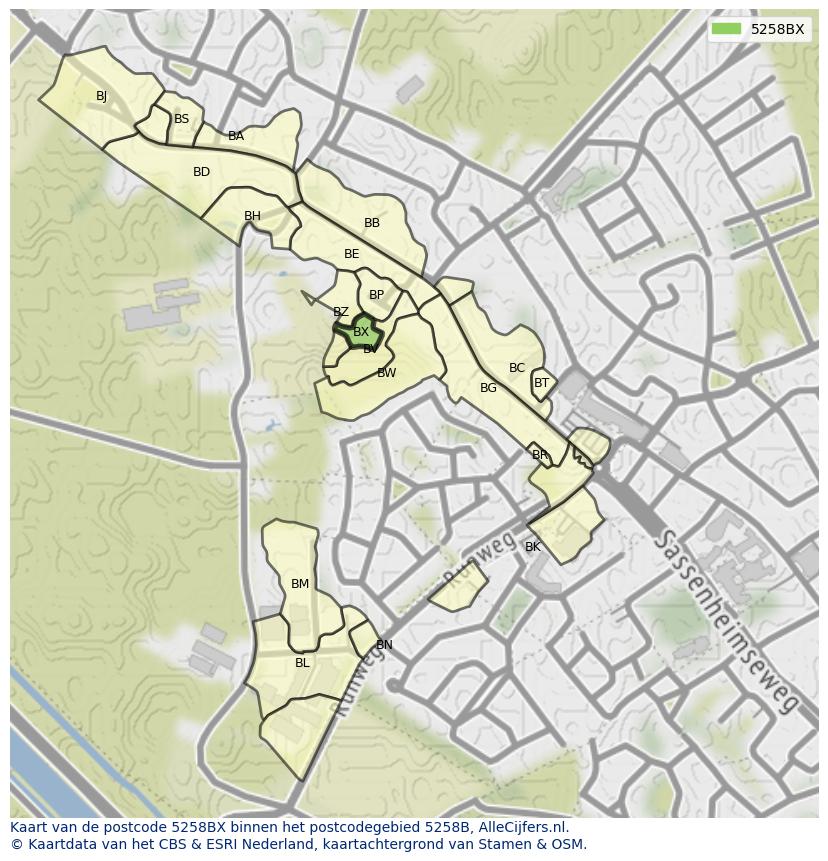 Afbeelding van het postcodegebied 5258 BX op de kaart.