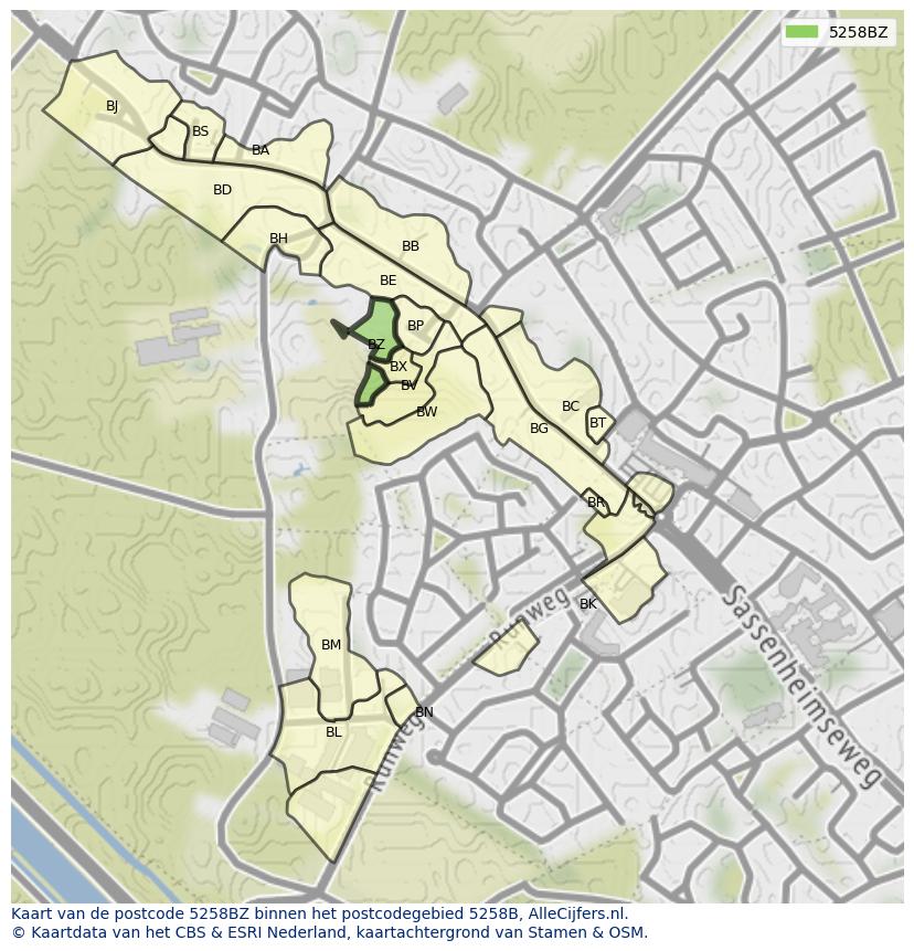 Afbeelding van het postcodegebied 5258 BZ op de kaart.