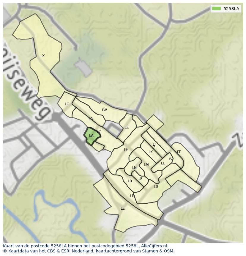 Afbeelding van het postcodegebied 5258 LA op de kaart.