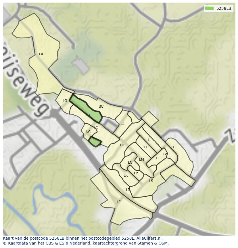 Afbeelding van het postcodegebied 5258 LB op de kaart.
