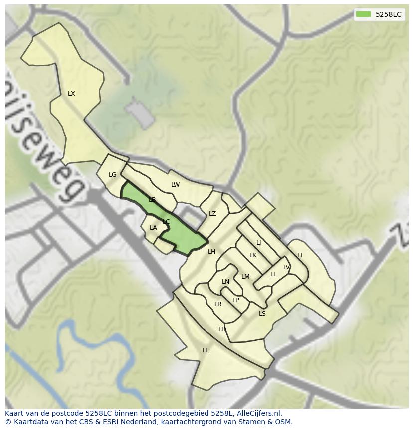 Afbeelding van het postcodegebied 5258 LC op de kaart.