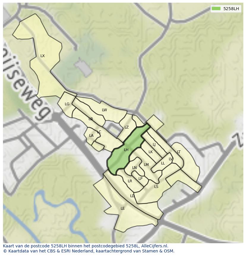 Afbeelding van het postcodegebied 5258 LH op de kaart.