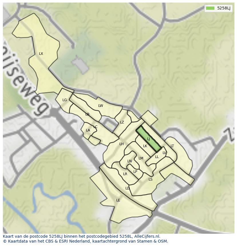Afbeelding van het postcodegebied 5258 LJ op de kaart.
