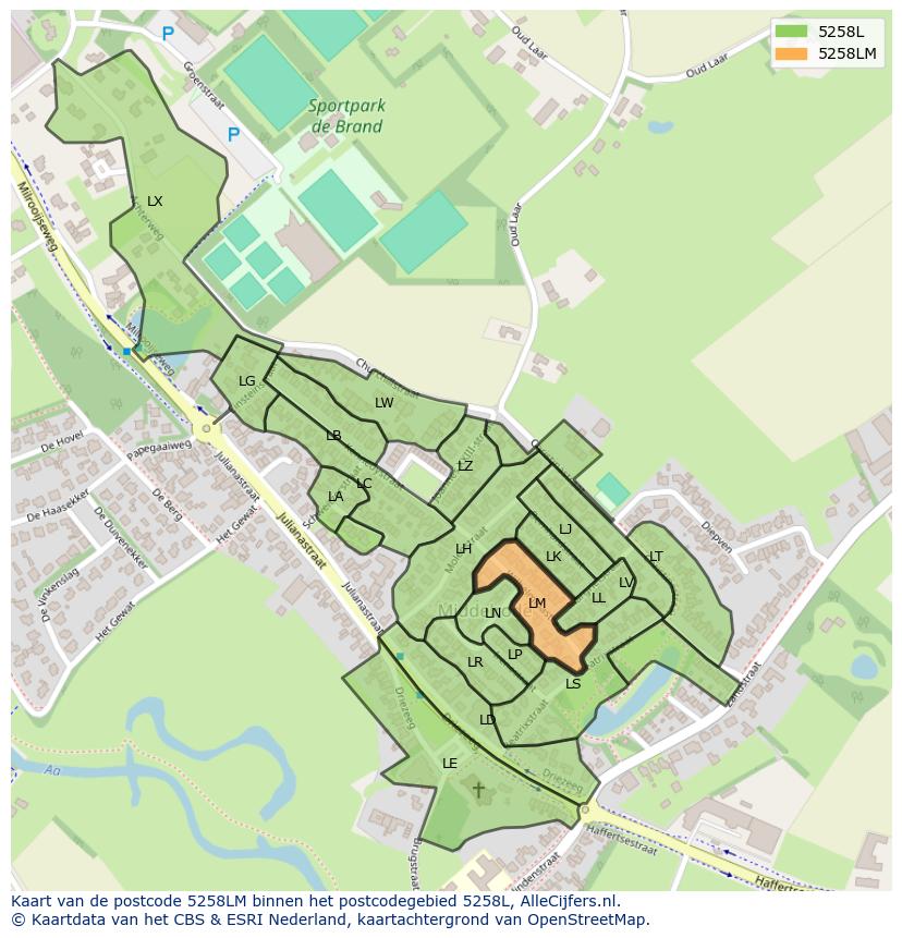Afbeelding van het postcodegebied 5258 LM op de kaart.