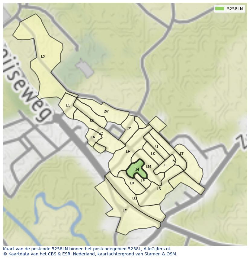 Afbeelding van het postcodegebied 5258 LN op de kaart.