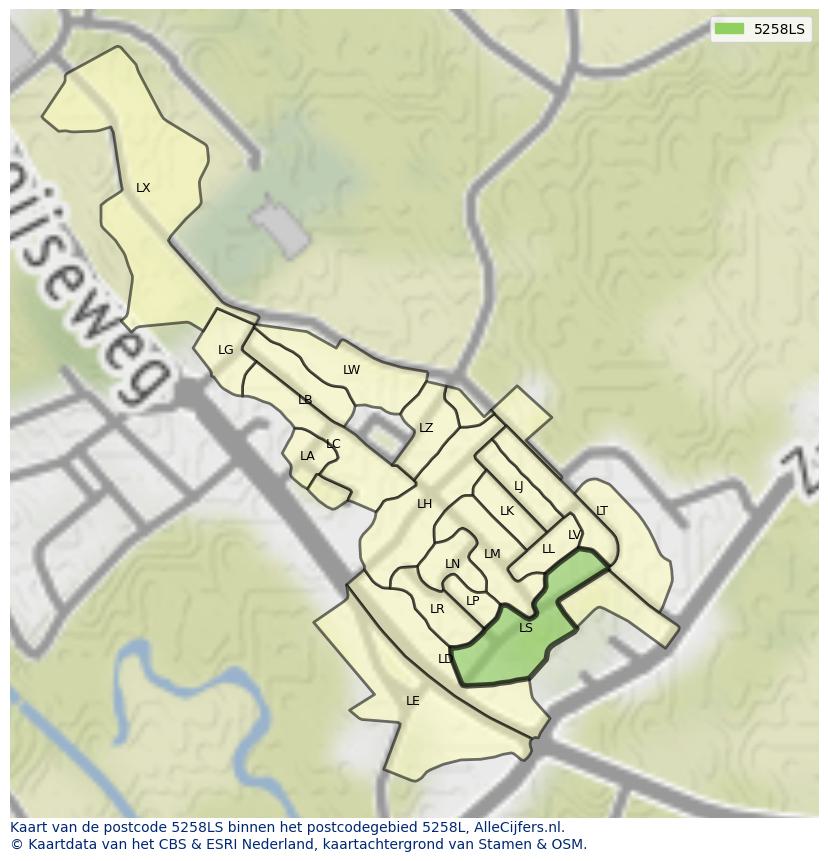 Afbeelding van het postcodegebied 5258 LS op de kaart.