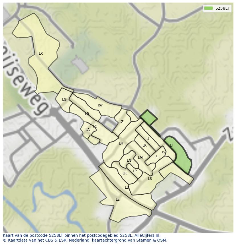 Afbeelding van het postcodegebied 5258 LT op de kaart.