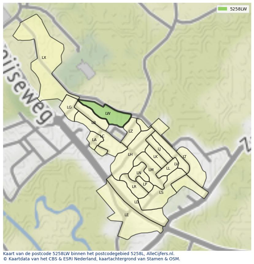 Afbeelding van het postcodegebied 5258 LW op de kaart.
