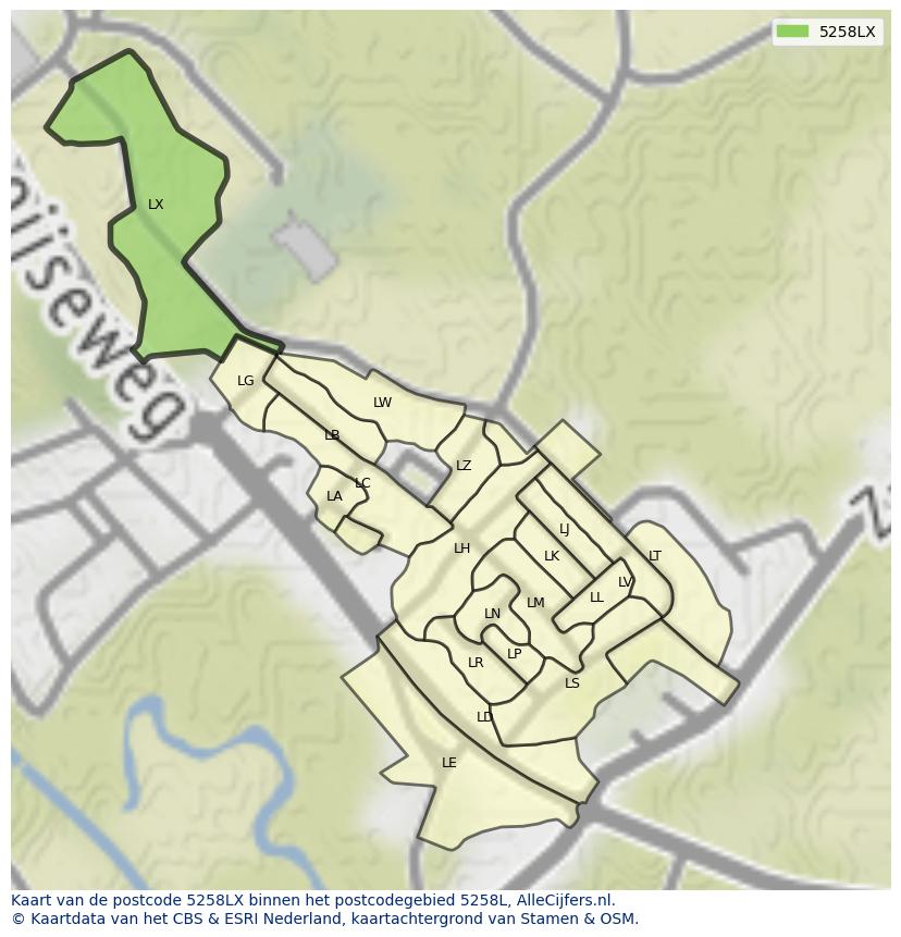 Afbeelding van het postcodegebied 5258 LX op de kaart.