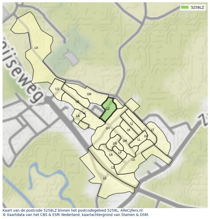 Afbeelding van het postcodegebied 5258 LZ op de kaart.