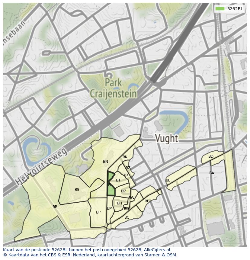 Afbeelding van het postcodegebied 5262 BL op de kaart.