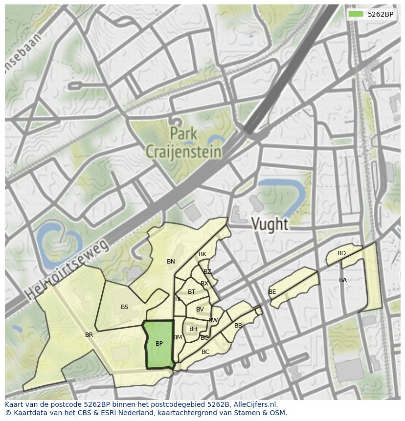 Afbeelding van het postcodegebied 5262 BP op de kaart.