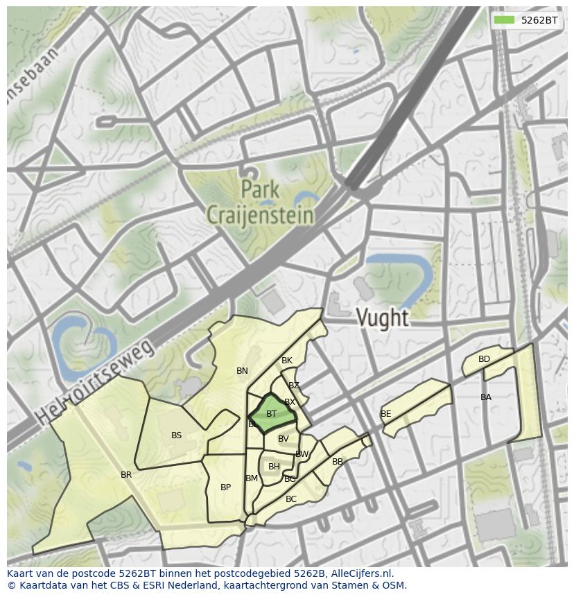 Afbeelding van het postcodegebied 5262 BT op de kaart.