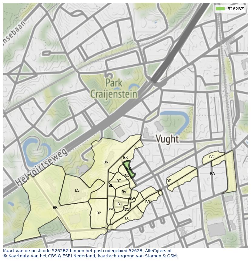 Afbeelding van het postcodegebied 5262 BZ op de kaart.
